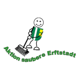 Ein Piktogramm zur Aktion "Saubere Erftstadt": Ein Strichmännchen, das mit dem Erftstadt-Wappen bekleidet ist, fegt.