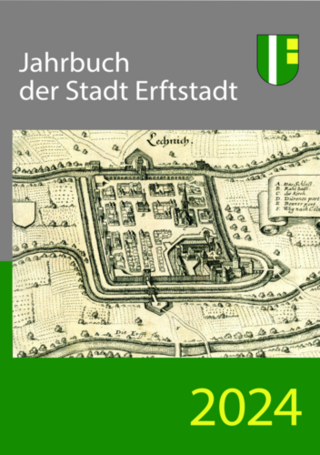 Cover des Jahrbuchs 2024. Neben dem Titel und dem Stadtwappen ist ein historischer Kartenausschnitt der Altstadt von Lechenich zu sehen.