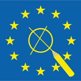 Die Europafahne: Blauer Hintergrund und 12 goldene Sterne im Kreis angeordnet. In der Bitte ist ein Wahlkreuz.
