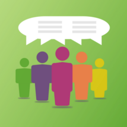5 farbige Personen-Icons mit einer großen gemeinsamen Sprechblase über den Köpfen. Grüner Hintergrund