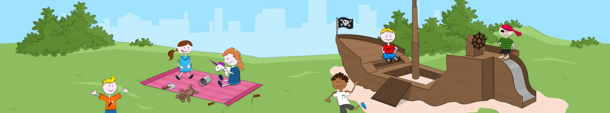 Grafik: Spielende Kinder auf einem Piratenschiff und einer Spieldecke