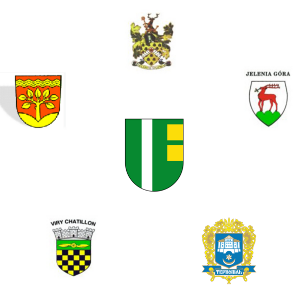 Sechs Wappen der Partnerstädte auf weißem Grund