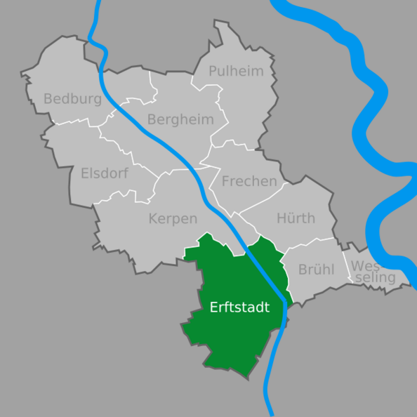 Lagekarte Erftstadt im Rhein-Erft-Kreis mit den Flüssen Rur und Rhein als Orientierung