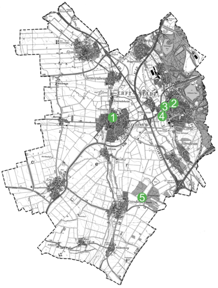 Karte von Erftstadt mit den fünf Parkanlagen eingezeichnet