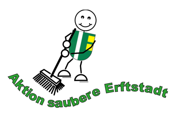 Ein Piktogramm zur Aktion "Saubere Erftstadt": Ein Strichmännchen, das mit dem Erftstadt-Wappen bekleidet ist, fegt.