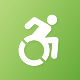 weißes Icon auf grünem Verlauf, dynamisch-modernes Icon eines Rollstuhlfahrenden