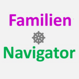 Schriftzug Familien Navigator in lila und grün, dazwischen das Symbol eines nautischen Steuerrades