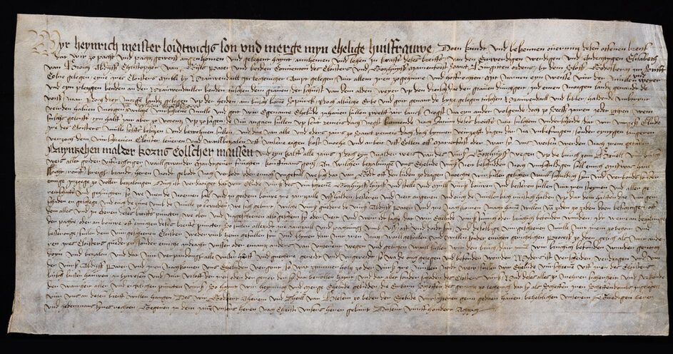 Frauenthal, Urkunde von 1580, Heinrich, Meister Ludwigs Sohn, und seine Ehefrau Merge bekunden, dass sie die KIostermühle zu Frauenthal u. a. von der Äbtissin Elisabeth zu Broich gepachtet haben (HAStEft, Best. D03/1 – Erftstadt 184)