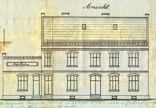 Donatusdorf/Oberliblar, Bahnhofstraße 110, Entwurfszeichnung von Michael Bowi (Euskirchen) für das Hôtel Donatus (abgerissen Anfang der 1970er Jahre mit der Glückauf-Halle), 1902 (HAStEft, Best. A 05: Oberliblar)