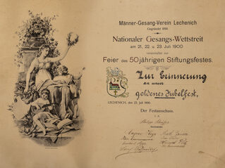 Urkunde zum 50-jährigen Stiftungsfest des Männer-Gesang-Vereins Lechenich, Nationaler Gesangs-Wettstreit, Lechenich 21.-23. Juli 1900, Lithographie Kunstanstalt Franz Scheiner Würzburg