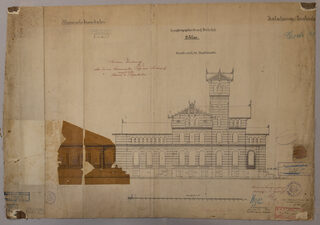 „Empfangsgebäude auf Bahnhof Liblar, Facade nach der Vorplatzseite“, Bauzeichnung von Architekt Eberhard Wulff, 1875