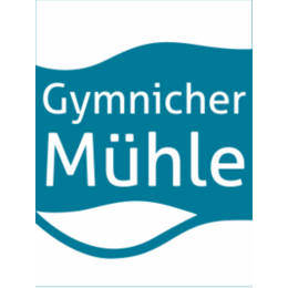 blaues Logo mit Wellen, Schriftzug Gymnicher Mühle