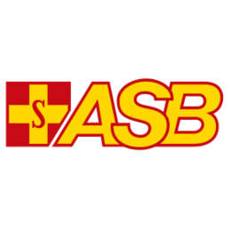 Logo, Schriftzug ASB, gelbes Kreuz auf rotem Grund