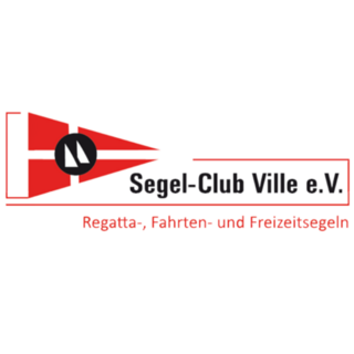 Logo Segel-Club Ville e.V. Regatta-, Fahrten- und Freizeitsegeln. Roter Wimpel mit schwarzen, stilisierten Segeln