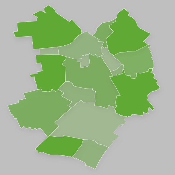 Stilisierte Ortsteil-Karte von Erftstadt mit Ortsteilen in verschiedenen Grüntönen