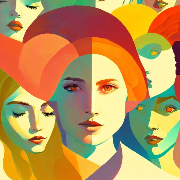 Leicht abstrahierte Frauengesichter in verschiedenen bunten Farben