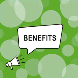 Comicstil, benefits in Sprechblase aus Megafon mit grünem Hintergrund