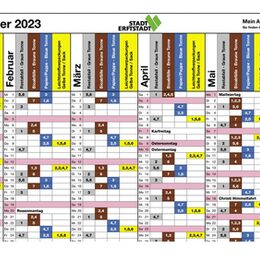 Abfallkalender 2023 ist in einer Tabelle aufgeführt. Zu sehen sind die Termine für die Monate Januar, Februar, März, April, Mai und Juni im Erftstädter Stadtgebiet.