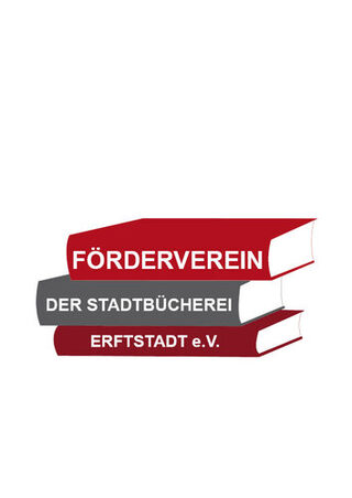 Logo der Fördervereins, ein Bücherstapel in rot und grau. Auf den Buchrücken steht "Förderverein der Stadtbücherei Erftstadt e.V."